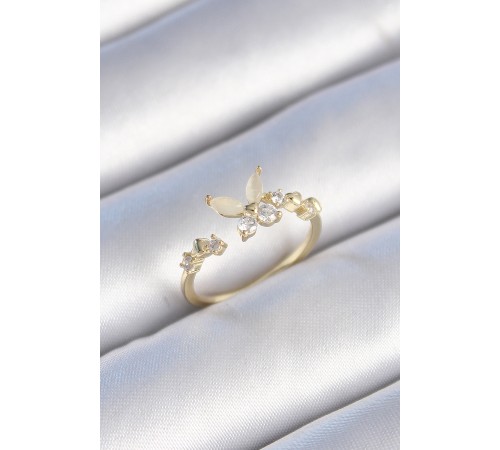 Pirinç Gold Renk Zirkon Taş Detaylı Beyaz Mineli Model Kadın Yüzük - TJ-BYK3432