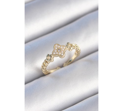 Pirinç Gold Renk İncili Yonca Model Zirkon Taş Detay Kadın Yüzük - TJ-BYK3438