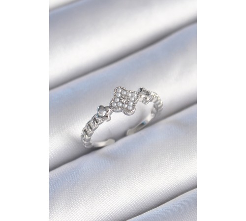 Pirinç Gümüş Renk İncili Yonca Model Zirkon Taş Detaylı Kadın Yüzük - TJ-BYK3439