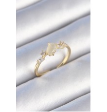 Pirinç Gold Renk Zirkon Taşlı Oval Beyaz Mineli Kadın Yüzük - TJ-BYK3444