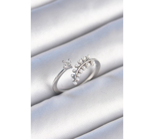 Pirinç Gümüş Renk Zirkon Taşlı İncili Yaprak Model Kadın Yüzük - TJ-BYK3453