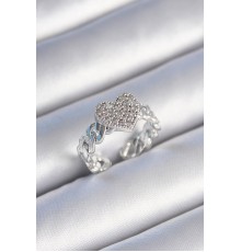 Pirinç Gümüş Renk Zincir Kordon Zirkon Taşlı Kalp Model Kadın Yüzük - TJ-BYK3484