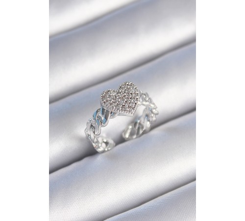 Pirinç Gümüş Renk Zincir Kordon Zirkon Taşlı Kalp Model Kadın Yüzük - TJ-BYK3484