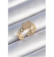 Pirinç Gold Renk Zincir Kordon Zirkon Taşlı Kalp Model Kadın Yüzük - TJ-BYK3485