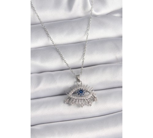 316L Çelik Gümüş Renk Zincir Zirkon Taşlı Göz Model Kadın Kolye - TJ-BKO9564