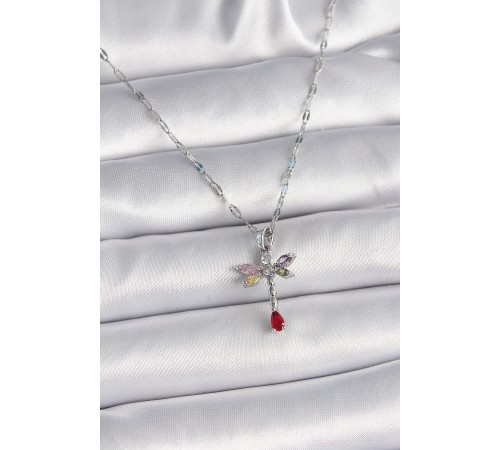 316L Çelik Gümüş Renk Zincir Renkli Zirkon Taşlı Yusufçuk Model Kadın Kolye - TJ-BKO9568