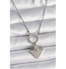 316L Çelik Gümüş Renk Topçuk Zincir Zirkon Taşlı Üçgen Model Kadın Kolye - TJ-BKO9574