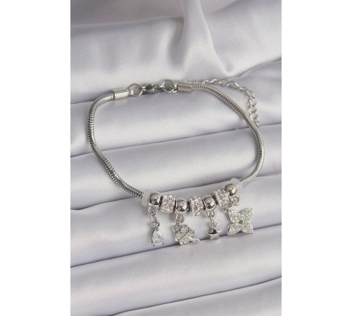 316L Çelik Gümüş Renk Zincir Sallantı Zirkon Taşlı Yonca Figür Charm Bileklik - TJ-BB6527