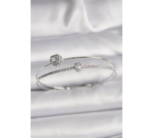 Pirinç Gümüş Renk Zirkon Taşlı Kalp Model Kadın Bileklik - TJ-BB6537