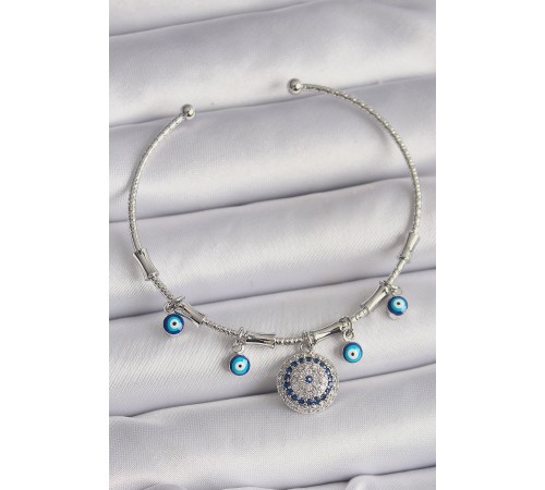 Pirinç Gümüş Renk Sallantı Zirkon Taşlı Nazar Boncuk Figür Charm Bileklik - TJ-BB6558