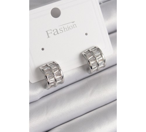 Pirinç Gümüş Renk Çift Sıra Zirkon Taşlı Kadın Küpe - TJ-BKP9755