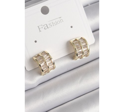 Pirinç Gold Renk Çift Sıra Zirkon Taşlı Kadın Küpe - TJ-BKP9756