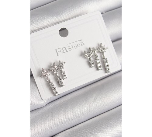 Pirinç Gümüş Renk Zirkon Taşlı 3'Lü Sallantı Yıldız Model Kadın Küpe - TJ-BKP9757