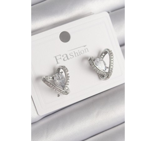 Pirinç Gümüş Renk Zirkon Taşlı Kalp Model Kadın Küpe - TJ-BKP9759