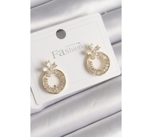 Pirinç Gold Renk Zirkon Taşlı Halka Model Çiçek Figür Kadın Küpe - TJ-BKP9762