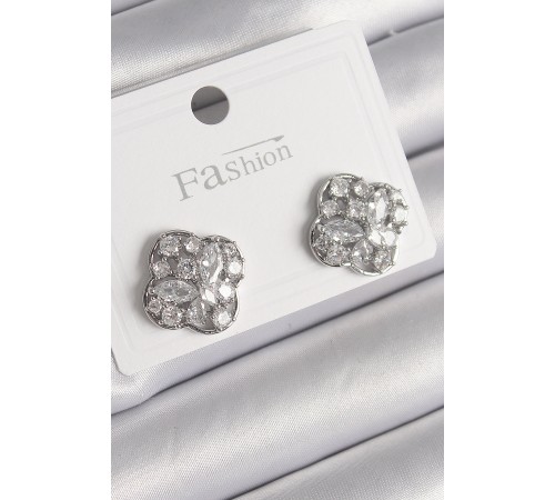 Pirinç Gümüş Renk Zirkon Taşlı Yonca Model Kadın Küpe - TJ-BKP9763