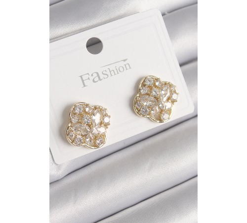Pirinç Gold Renk Zirkon Taşlı Yonca Model Kadın Küpe - TJ-BKP9764