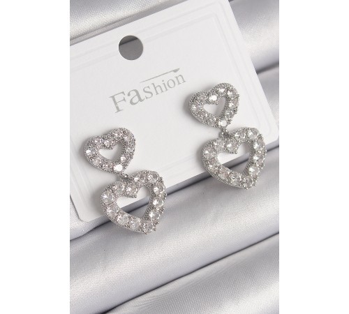 Pirinç Gümüş Renk Zirkon Taşlı Sallantı Kalp Model Kadın Küpe - TJ-BKP9765