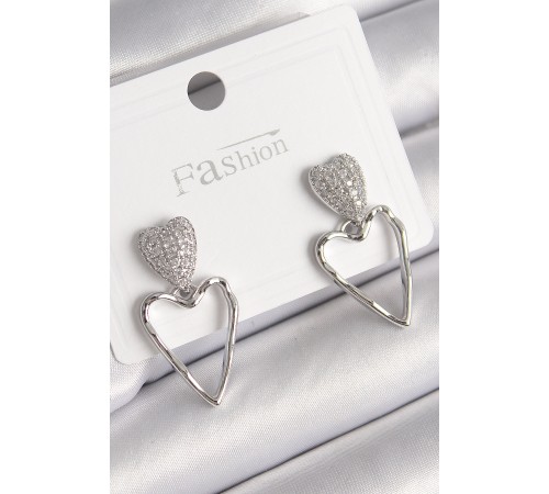 Pirinç Gümüş Renk Zirkon Taşlı Kalp Model Kadın Küpe - TJ-BKP9781