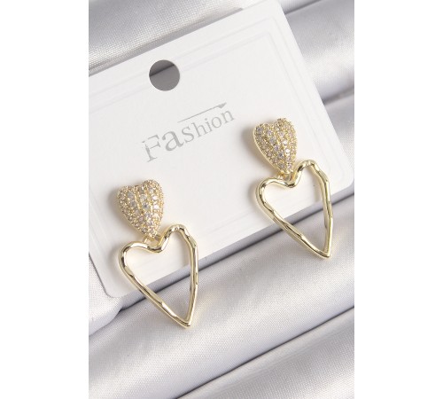 Pirinç Gold Renk Zirkon Taşlı Kalp Model Kadın Küpe - TJ-BKP9782