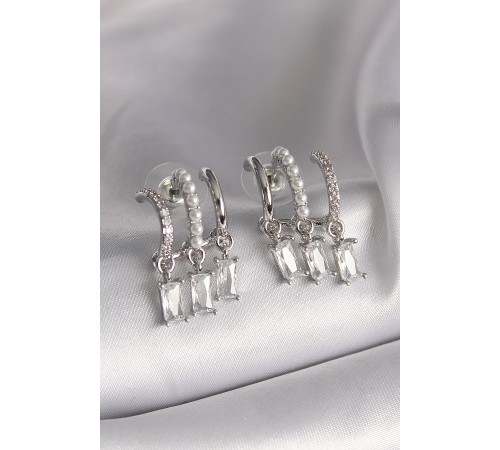 Pirinç Gümüş Renk İnci Detay Sallantı Zirkon Taşlı Kadın Küpe - TJ-BKP9783