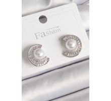 Pirinç Gümüş Renk Zirkon Taşlı Salyangoz Model İnci Detay Kadın Küpe - TJ-BKP9785