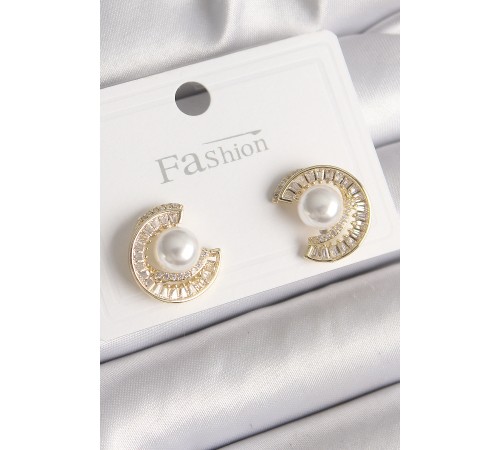 Pirinç Gold Renk Zirkon Taşlı Salyangoz Model İnci Detay Kadın Küpe - TJ-BKP9786