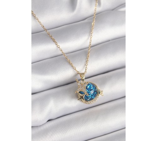 316L Çelik Gold Renk Zincir Zirkon Taşlı Detaylı Mavi Simli Gezegen Model Yıldız Detay Kadın Kolye - TJ-BKO9579