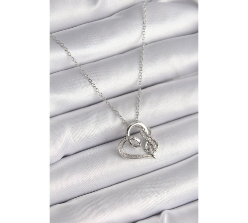 316L Çelik Gümüş Renk Zincir Zirkon Taş Detaylı Kalp Model Sonsuzluk Detay Kadın Kolye - TJ-BKO9584