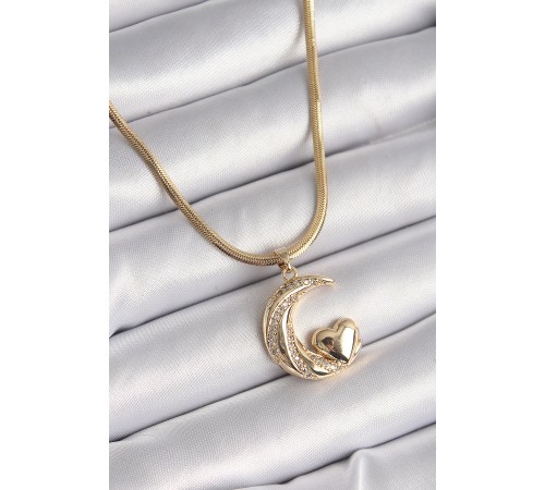 316L Çelik Gold Renk Çelik İtalyan Zincir Zirkon Taşlı Halil Figür Kalp Detay Kadın Kolye - TJ-BKO9591