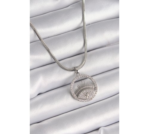 316L Çelik Gümüş Renk İtalyan Zincir Zirkon Taşlı Göz Model Kadın Kolye - TJ-BKO9592