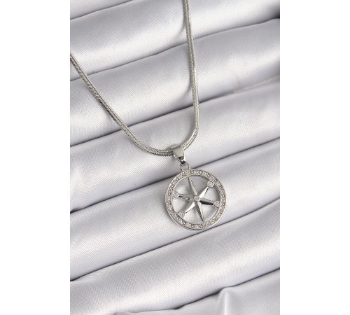 316L Çelik Gümüş Renk İtalyan Zincir Zirkon Taşlı Kutup Yıldız Model Kadın Kolye - TJ-BKO9594