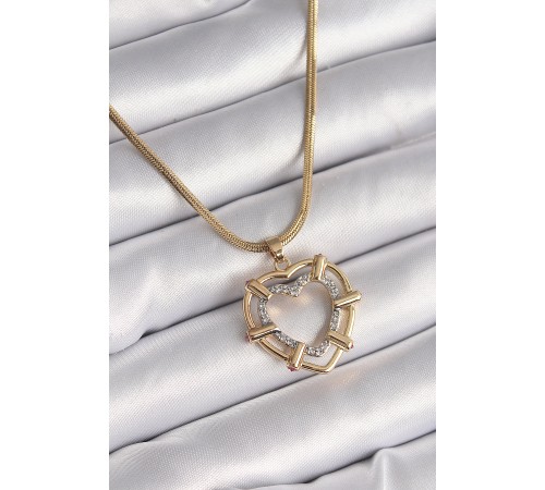 316L Çelik Gold Renk İtalyan Zincir Mix Renk Zirkon Taşlı Kalp Model Kadın Kolye - TJ-BKO9601