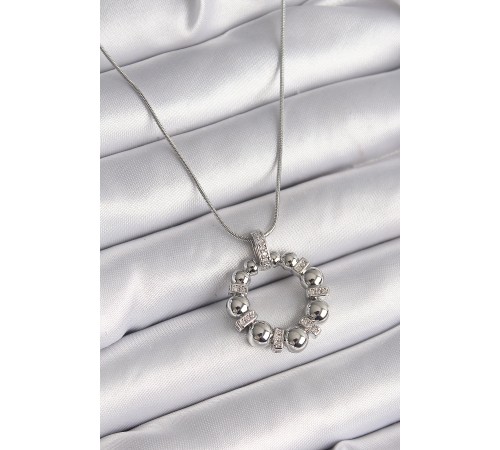 316L Çelik Gümüş Renk Zincir Zirkon Taş Detaylı Bombeli Halka Model Kadın Kolye - TJ-BKO9604