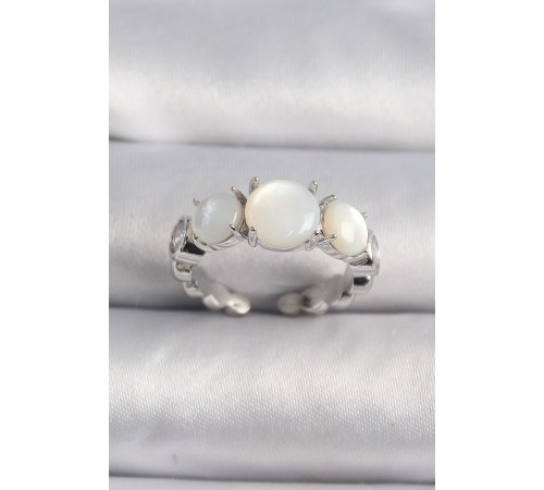 Pirinç Gümüş Renk Zirkon Taş Detaylı Beyaz Sedefli VIP Seri Kadın Yüzük - TJ-BYK3503