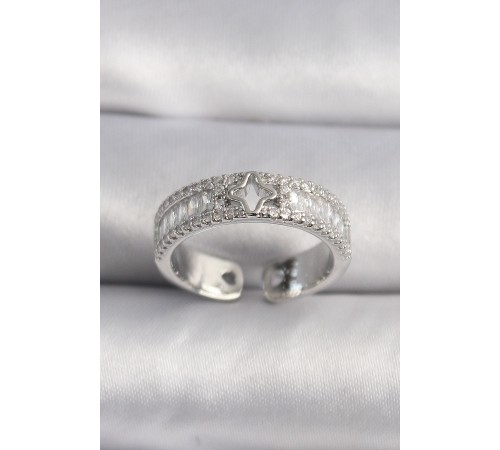 Pirinç Gümüş Renk Zirkon Taşlı Yıldız İşleme VIP Seri Kadın Yüzük - TJ-BYK3509