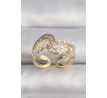 Pirinç Gold Renk Zirkon Taşlı İnci Detay VIP Seri Kadın Yüzük - TJ-BYK3512