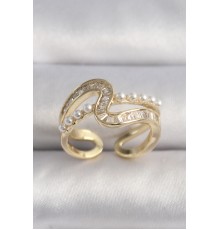 Pirinç Gold Renk Zirkon Taşlı İnci Detay VIP Seri Kadın Yüzük - TJ-BYK3512