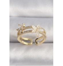 Pirinç Gold Renk Zirkon Taşlı Çiçek Model VIP Seri Kadın Yüzük - TJ-BYK3514