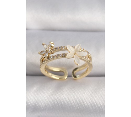 Pirinç Gold Renk Zirkon Taşlı Çiçek Model VIP Seri Kadın Yüzük - TJ-BYK3514