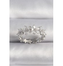 Pirinç Gümüş Renk Zirkon Taşlı Çiçek Model VIP Seri Kadın Yüzük - TJ-BYK3517