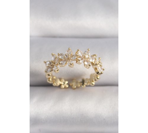 Pirinç Gold Renk Zirkon Taşlı Çiçek Model VIP Seri Kadın Yüzük - TJ-BYK3518