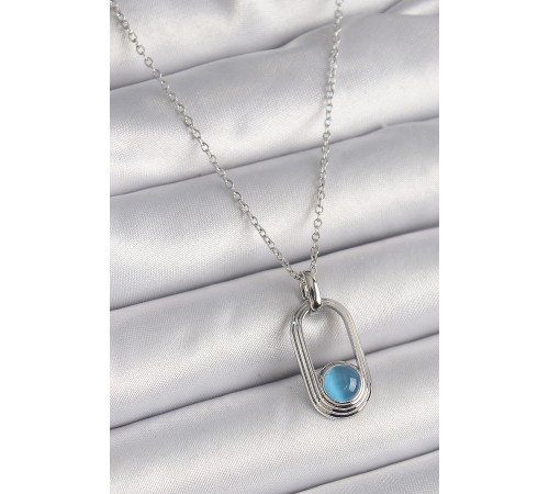316L Çelik Gümüş Renk Zincir Mavi Kedi Göz Model Kadın Kolye - TJ-BKO9613