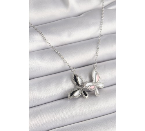 316L Çelik Gümüş Renk Zincir Zirkon Taşlı Renkli Model Kadın Kolye - TJ-BKO9615