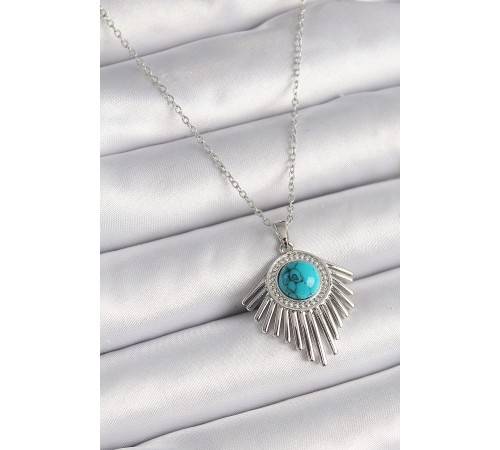 316L Çelik Gümüş Renk Zincir Mavi Boncuklu Zirkon Taşlı Kadın Kolye - TJ-BKO9617