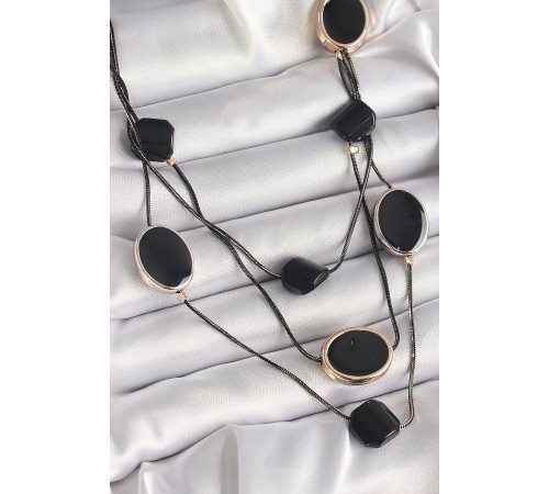 Pirinç Siyah Renk Zincir Kristal Taşlı Kadın Kolye - TJ-BKO9619