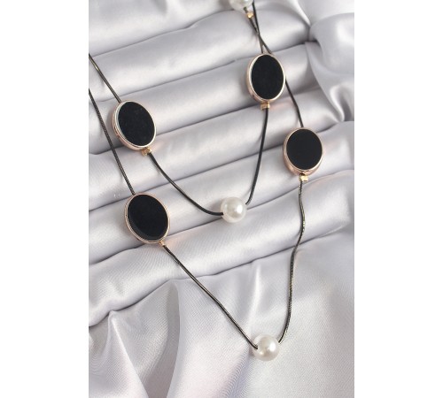 Pirinç Siyah Renk Zincir İnci Detaylı Çoklu Kadın Kolye - TJ-BKO9621