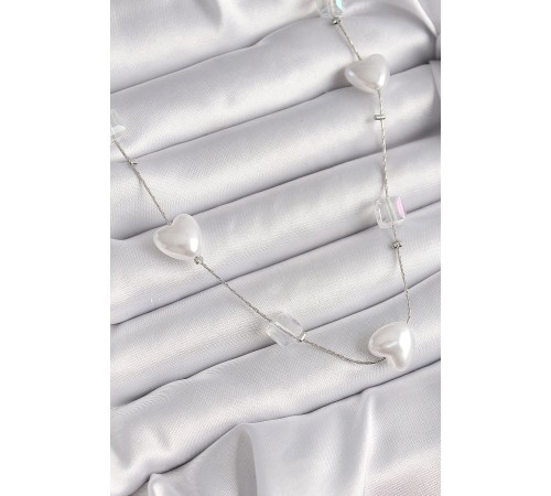 Pirinç Gümüş Renk Beyaz İnci Kalp Model Kadın Kolye - TJ-BKO9624