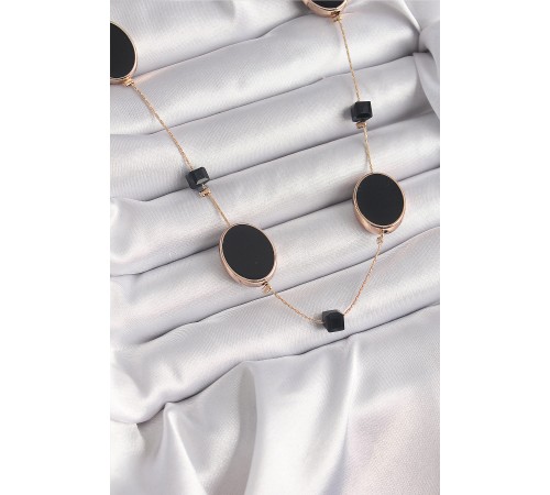 Pirinç Gold Renk Siyah Renk Oval Siyah Küp Detay Kadın Kolye - TJ-BKO9625