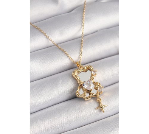 316L Çelik Gold Renk Zincir Ayna Ayıcık Model Zirkon Taşlı Kalp Model Kadın Kolye - TJ-BKO9626